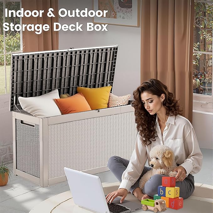 260 Gallon Storage Box, Waterproof Resin Deck Box with Steel Support & Hydraulic Rod, Lockable Storage Bench for Indoor & Outdoor Use, Storage Bin for Patio Cushions, Garden Tools, Grey-VerdiqueGarden