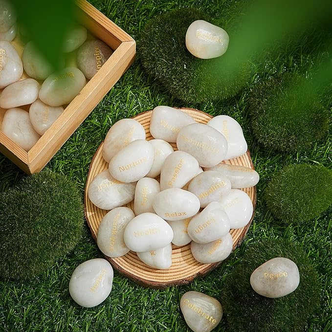 Fabbay Engraved Inspirational Stones Encouragement Motivational Rocks with Words Garden Positive Gift for Christmas Thanksgiving(White,40 Pcs)-VerdiqueGarden