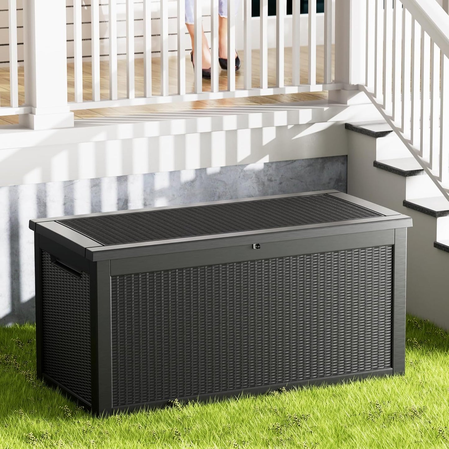 320 Gallon Waterproof Black Deck Box, Lockable Resin Storage Box for Patio Furniture Cushions Garden Tools and Outdoor Delivery Storage-VerdiqueGarden