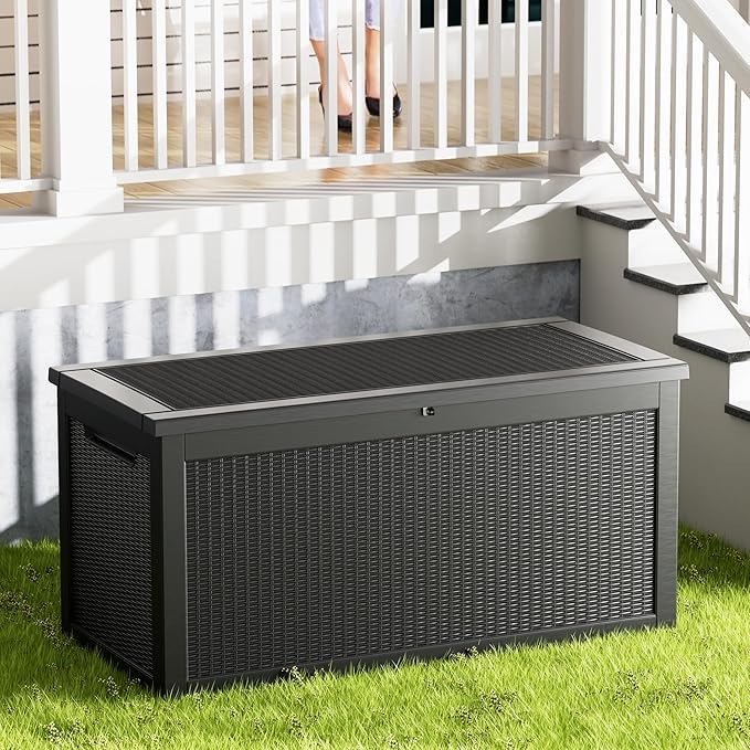 320 Gallon Outdoor Storage Box Waterproof Lockable Resin Deck Box Large, Patio Storage Bin for Pool Accessories Cushion Furniture, Garden Tools, UV-Resistant Outside Delivery Black-VerdiqueGarden