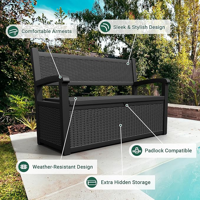 80 Gallon Outdoor Storage Box, Resin Patio Furniture with Armrest, Lockable Deck Box with Waterproof and UV Resistant for Patio Cushions, Garden Tools and Pool Supplies, Black-VerdiqueGarden