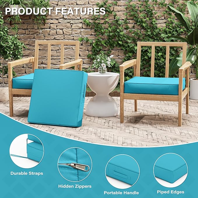 Patio Chair Cushions 22 X 22 X 4 Inch Waterproof Outdoor Seat Cushions for Patio Furniture, Outdoor Sofa Couch Pads with Ties & Handle, Set of 2, Lake Blue-VerdiqueGarden