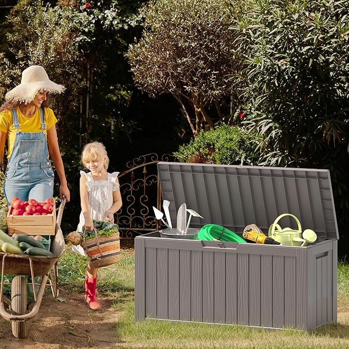 NUNU LAB 75 Gallon Outdoor Storage Box,Resin Large Sturdy Deck Box, Backyard Outside Storage Box Waterproof with Double Wall Panels,Garden Box,Package Delivery Outdoor Hose Storage Bin-VerdiqueGarden