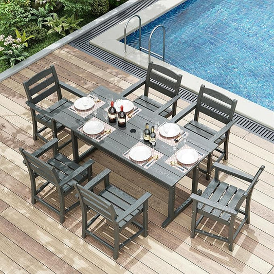 7pcs Outdoor Dining Set, HDPE Patio Dining Set for 6, All-Weather Outdoor Table and Chairs with Umbrella Hole & Adjustable Pads, Modern Patio Furniture Set for Backyard, Poolside &Lawn (Grey)-VerdiqueGarden