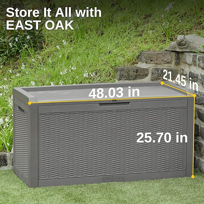 EAST OAK Outdoor Storage Box, 100 Gallon Deck Box, Waterproof Resin Storage Bench for Patio Cushions, Gardening Tools, Pool Accessories, Lockable, UV Resistant, Grey-VerdiqueGarden
