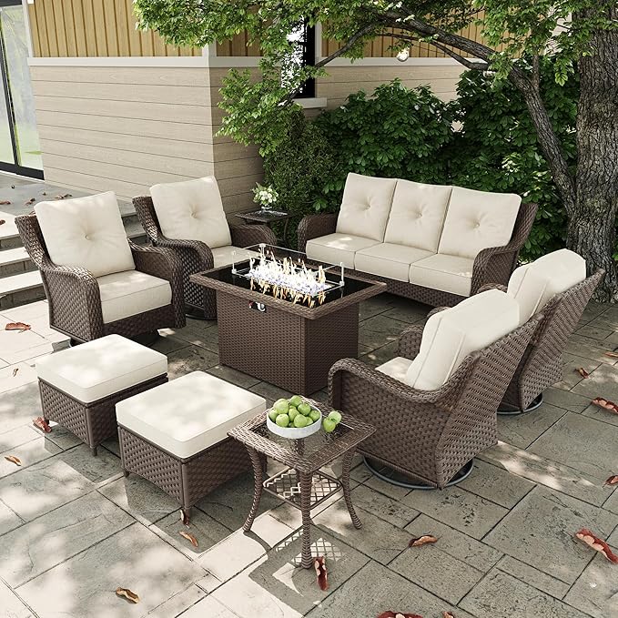 10 Pieces Outdoor Patio Furniture Sets with Rocking Swivel Chairs with 6-inch Thick Cushion and Fire Pit Table for Deck Lawn-VerdiqueGarden