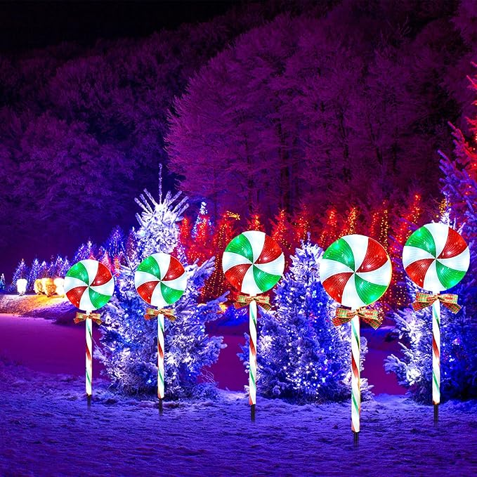 10 Packs Christmas Pathway Lollipop Lights with Bow Tie Solar Powered Outdoor Waterproof Xmas Candy Cane Path Landscape Decorative Stake Lights 2 Solar Panel + 10 Lights-VerdiqueGarden