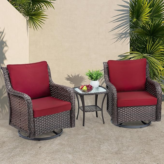 Towallmark Outdoor Swivel Wicker Glider Patio Chairs with Table Set, 3 Pieces Outdoor Bistro Set with 4”Thick Cushions and Coffee Table for Porch, Balcony, Deck (Red)-VerdiqueGarden