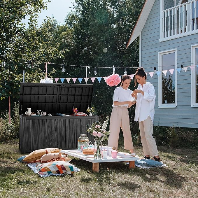 180 Gallon Deck Box,Resin Outdoor Storage Box with Lockable for Patio Furniture, Pool Accessories, Garden Tools Waterproof Outside Storage Box, Black-VerdiqueGarden