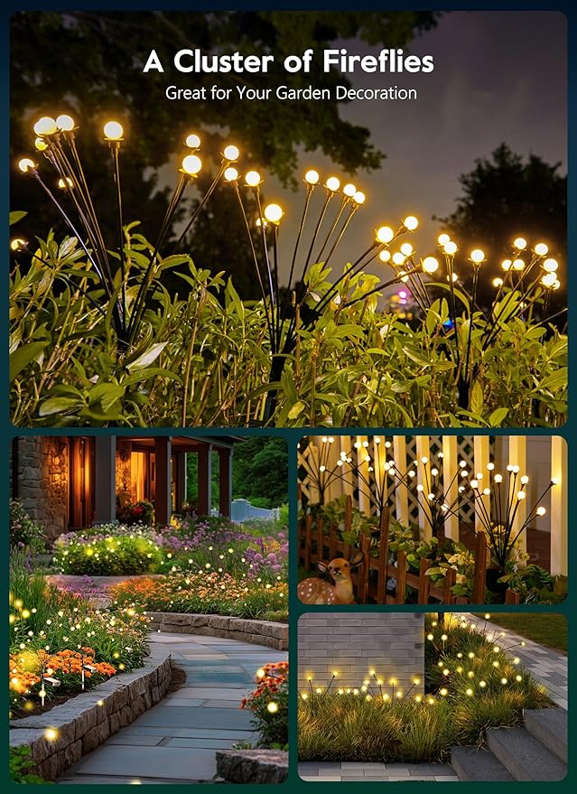 Solar Garden Lights - 8 Pack 12 LED Solar Firefly Lights with 2 Lighting Mode, Sway by Wind, Waterproof Solar Outdoor Light for Yard Patio Walkway Decoration, Warm White-VerdiqueGarden