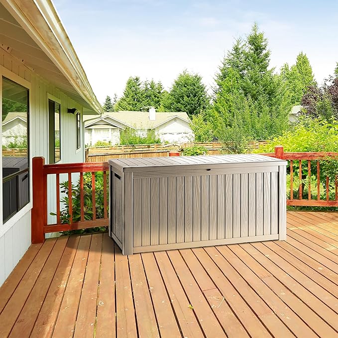 270 Gallon Lockable Resin Deck Box, Waterproof & UV-Resistant Outdoor Storage Box for Outdoor Cushion Storage, Garden Tools & Pool Accessories Storage, Gray-VerdiqueGarden