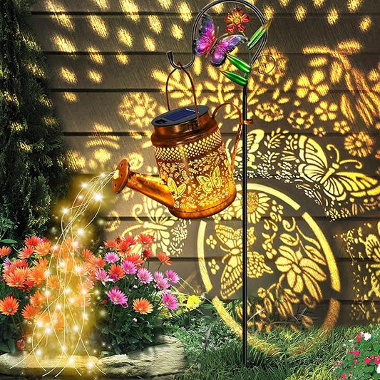 Solar Powered Butterfly Watering Can Lights Waterproof Outdoor Garden Decor with Shepherd Hook Hanging Patio Lights for Yard, Porch, Backyard Perfect Gardening & Birthday Gift for Women, Mom, Grandma-VerdiqueGarden
