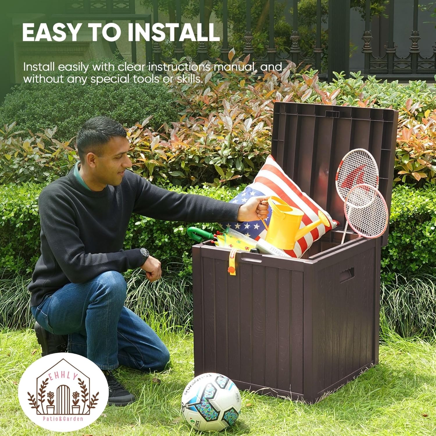 Deck Box, 51 Gallon Front Porch Package Bin Delivery Box for Outside, Small Patio Outdoor Storage Boxes Waterproof, UV Resistant Plastic Resin Pool Storage Bins with lids, Brown-VerdiqueGarden