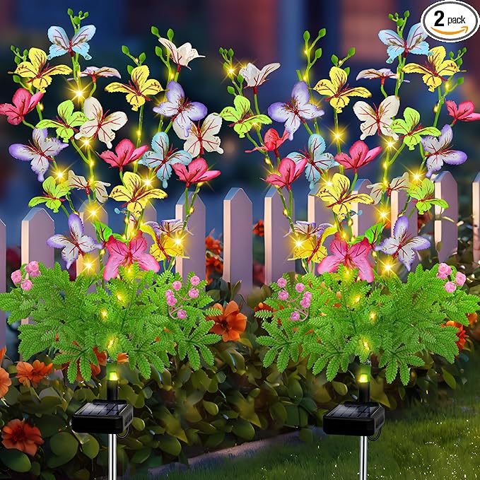 Solar Garden Lights Outdoor Waterproof,2 Packs Solar Swaying Butterfly Lights Decor,Gardening Butterfly Gifts for Mom Women,Solar Flowers Plant Lights Decorative Stakes for Yard Patio Lawn Pathway-VerdiqueGarden