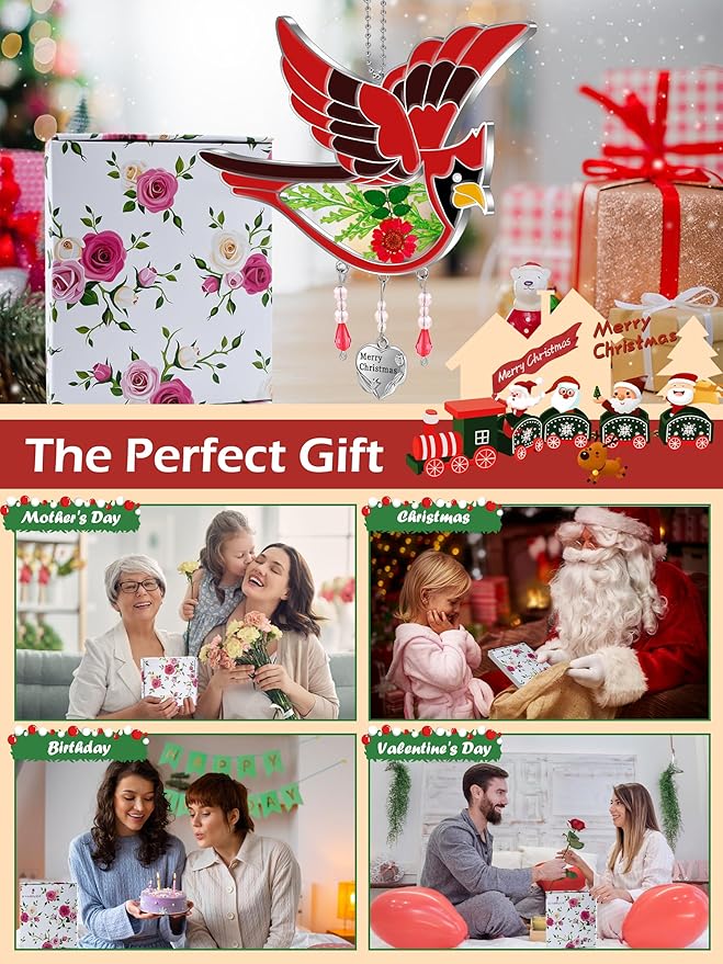 KY&BOSAM Cardinal Suncatcher Merry Christmas Hanging Ornament for Windows Sun Catchers with Pressed Real Flower in Glass and Heart Charm Birthday Gifts for Women Mom Grandma Nana Christmas Day Gifts-VerdiqueGarden