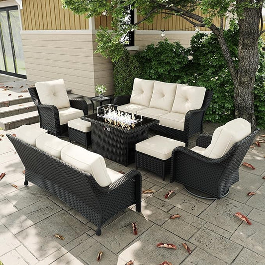 8 Pieces Outdoor Patio Furniture Sets with Rocking Swivel Chairs with 6-inch Thick Cushion and Fire Pit Table for Deck Lawn-VerdiqueGarden