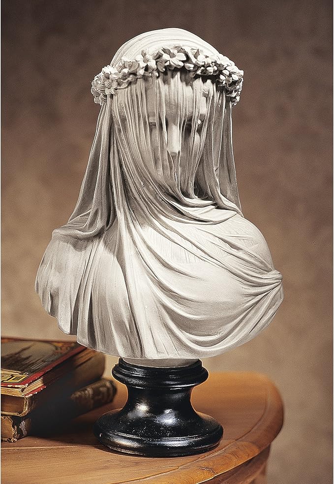 Design Toscano Veiled Maiden Indoor Bust Statue, 9 Inch Wide, 14 Inch Tall, Cast Stone Resin, Antiqued White Finish with a Black Painted Base-VerdiqueGarden