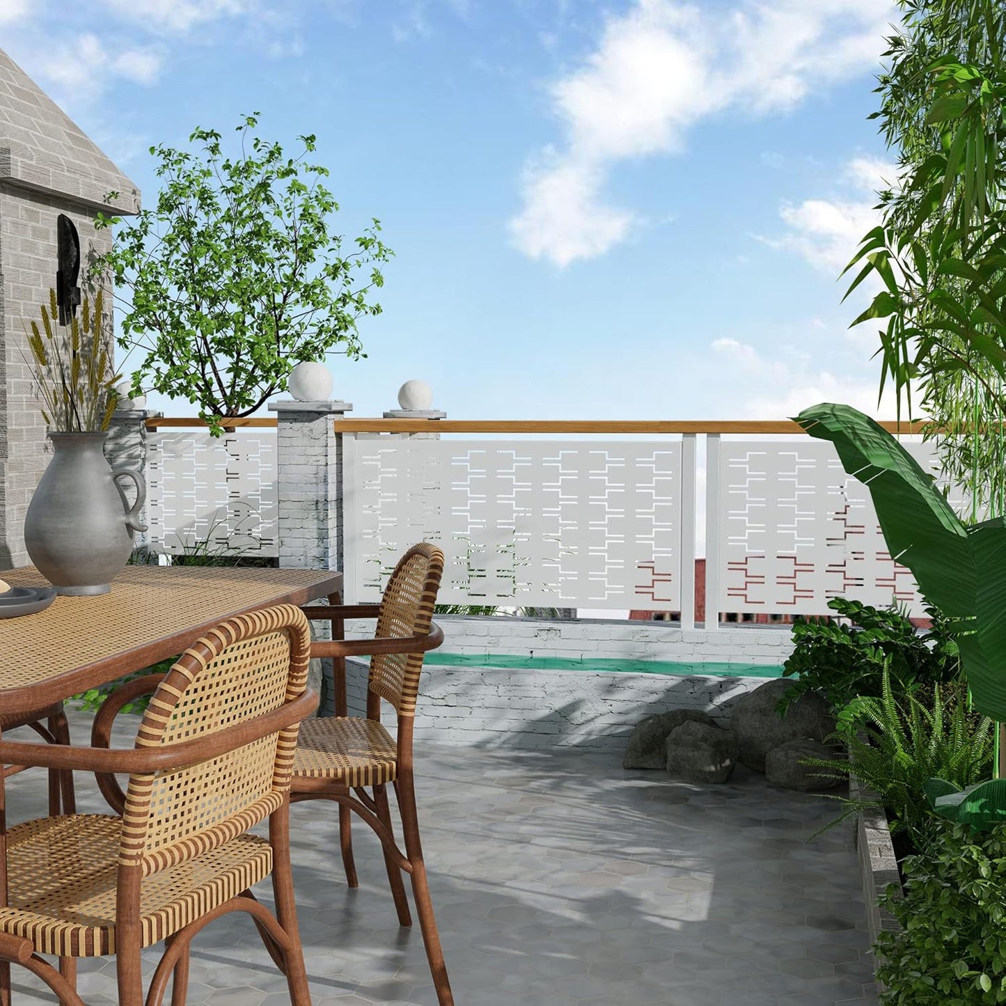 Metal Privacy Screen Outdoor 72" H×47" W,Freestanding Decorative Privacy Screen for Balcony Yard&Garden,Privacy Fence-White&Brick-VerdiqueGarden