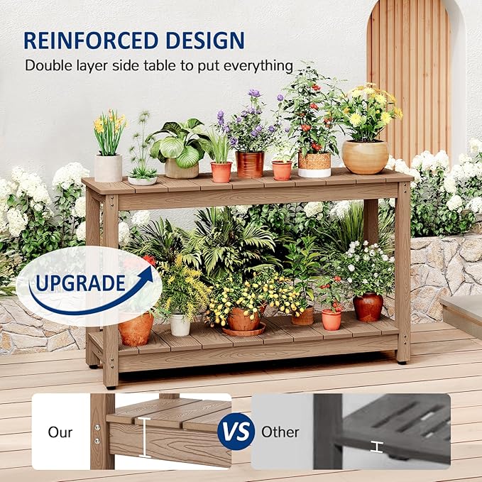 Outdoor Console Table, 48" Weather Resistant HIPS Patio Side Table, 440LBS Weight Capacity, 2-Tier Multifunctional Buffet Bar Storage Organizer for Garden Deck, Teak-VerdiqueGarden