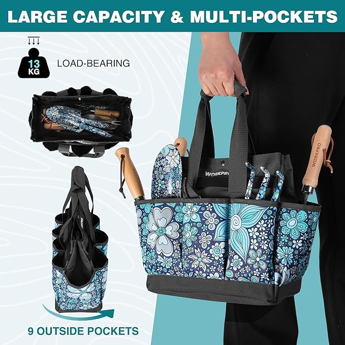 WORKPRO Garden Tool Bag, 9 Pockets Gardening Bag, Heavy Duty Oxford Garden Tote Caddy (Tools NOT Included), 12" x 12" x 6" (Floral Blue)-VerdiqueGarden