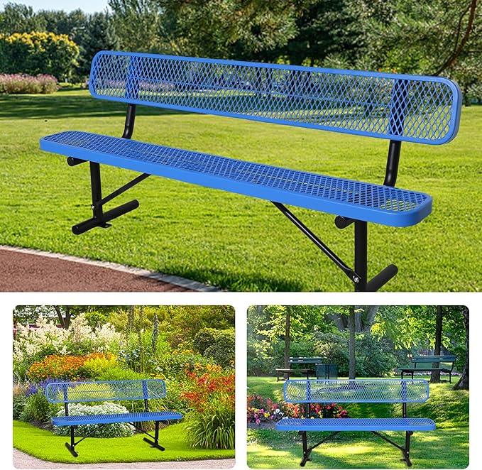 8FT Heavy Duty Park Bench with Back Portable Frame, Outdoor Steel Bench with Backrest, Outdoor Park Bench Expanded Metal Mesh Bench for Lawn, Park, Deck, Garden, Patio, Porch, Black (Blue, 8FT)-VerdiqueGarden