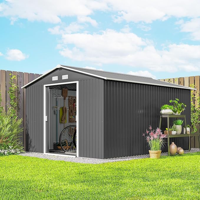 Outsunny 11' x 9' Outdoor Storage Shed, Garden Tool Metal Shed with Foundation Kit, Double Lockable Door, Air Vents and Sloping Roof, for Backyard, Patio, Lawn, Gray-VerdiqueGarden