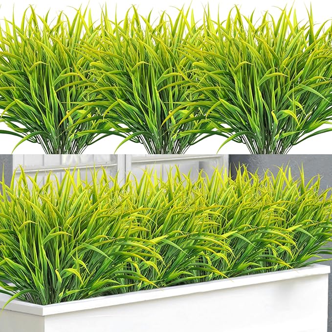Ouddy Decor 16 Bundles Artificial Plants Outdoor Fake Grass Greenery Stems UV Resistant Faux Plastic Plants Shrubs for Spring Summer Home Garden Pathway Window Box Front Porch Decor, Yellow-VerdiqueGarden