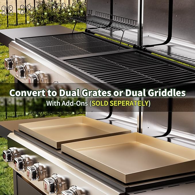 Brand-Man Griddle Grill Combo 6-Burner, 2 in 1 Versatile Propane Gas Grill and Griddle with Double Stainless Steel Lids, BBQ Combo for Outdoor Kitchen & Backyard Barbecue Cooking-VerdiqueGarden