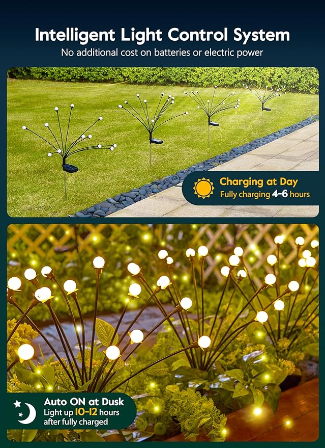Solar Garden Lights - 8 Pack 12 LED Solar Firefly Lights with 2 Lighting Mode, Sway by Wind, Waterproof Solar Outdoor Light for Yard Patio Walkway Decoration, Warm White-VerdiqueGarden