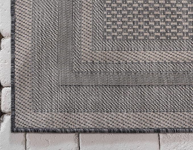 Unique Loom Outdoor Border Collection Area Rug - Soft Border (9' x 12' Rectangle, Black/ Ivory)-VerdiqueGarden