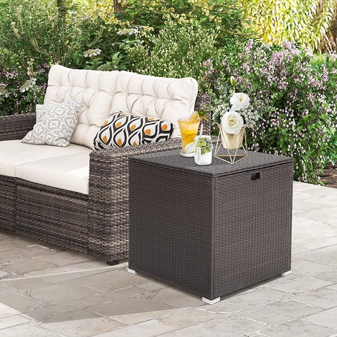 RELAX4LIFE Outdoor Storage Box 72-Gallon - Outside Wicker Storage Bin with Waterproof Zippered Liner, Gas Strut, Package Delivery Boxes for Outside, Accessories, Garden Tools Storage Deck Box-VerdiqueGarden