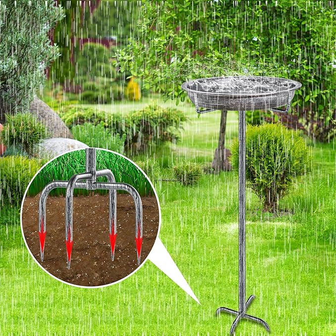 Metal Bird Bath for Outdoors Garden Birdbath Bowl, 36.2" Height Freestanding Bird Feeders for Outside with 4 Prongs Base Stake, Standing Birdfeeders for Yard Lawn Decor (Retro Silver)-VerdiqueGarden