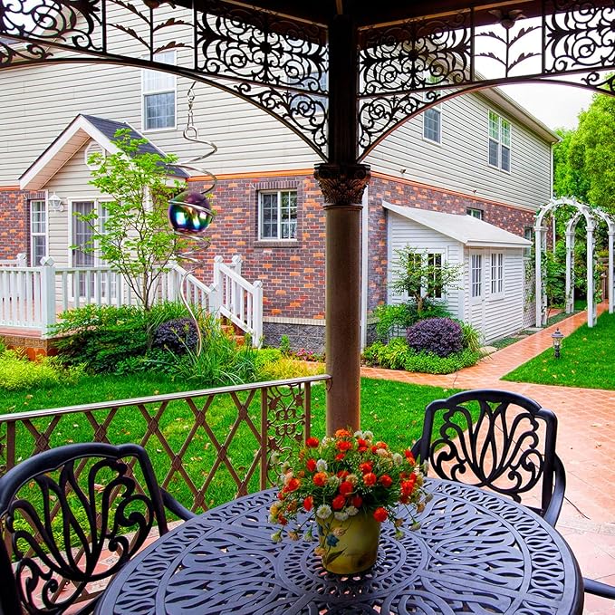 Fonmy Gazing Ball Spiral Tail -Decorative Wind Spinner 11 inch Tail and 2 inch Steel Orb. Indoor Outdoor Garden Decoration Silver Multi Color Ball -13 inch Height-VerdiqueGarden