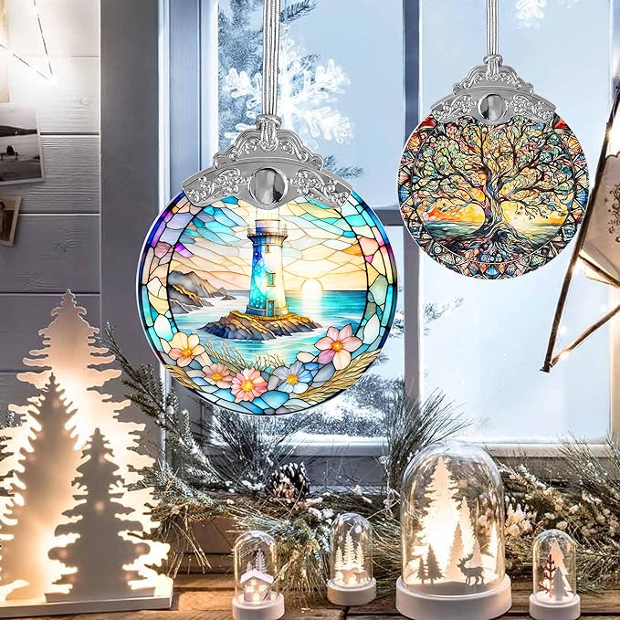 Stained Glass Suncatcher, Jocidea Lighthouse Ornament, Christmas Ornaments, Holidays Ornaments, Christmas Tree Decor, Lighthouse Decor for Home, Lighthouse Gifts-VerdiqueGarden