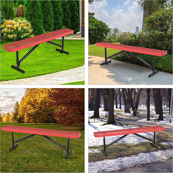 48" L Outdoor Steel Flat Bench, Heavy Duty Metal Park Bench for Outside, Expanded Metal, Commercial Benches Mesh Bench for Shopping Mall, Store, Lawn, Park, Patio, Deck, Garden (Red, 6FT)-VerdiqueGarden