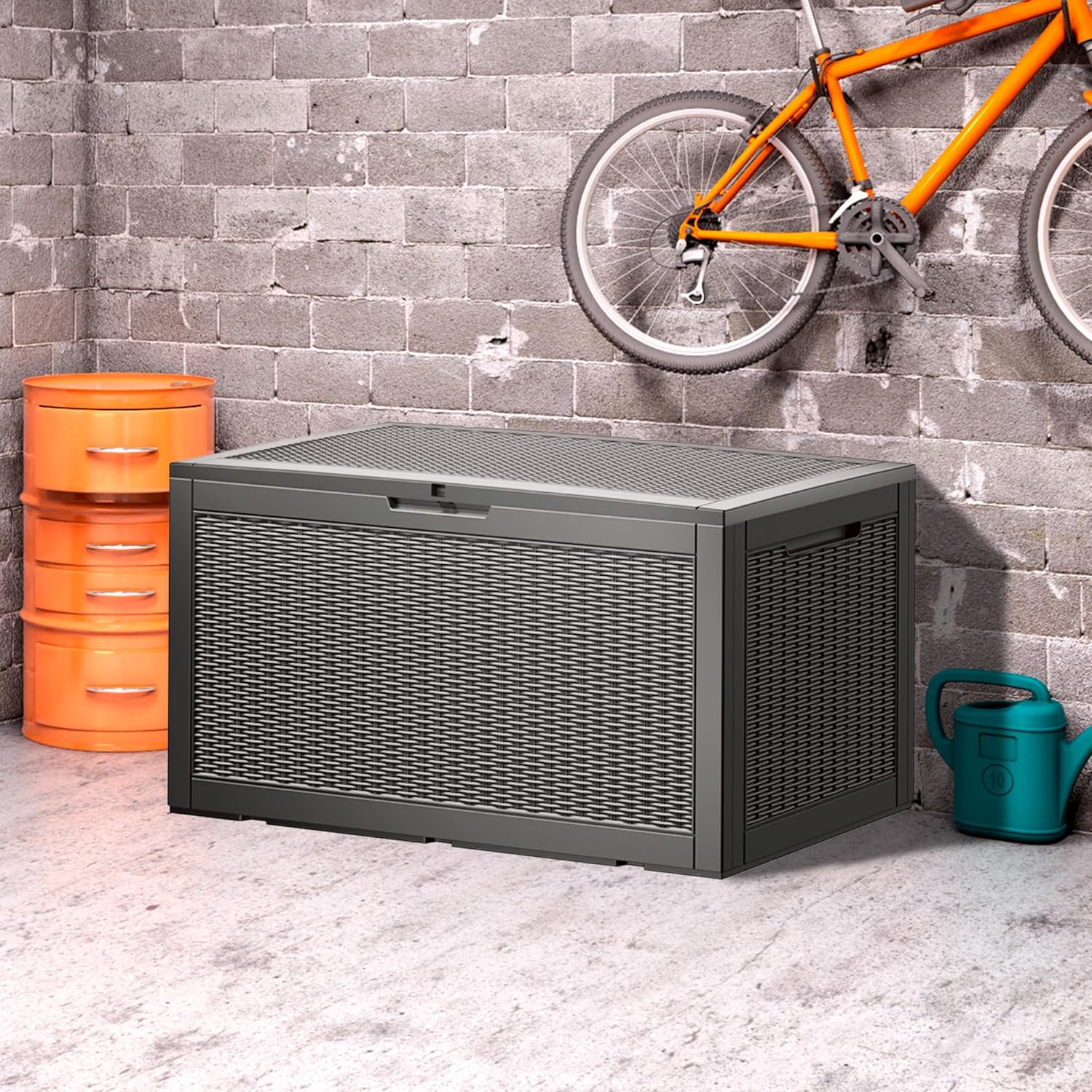100 Gallon Waterproof Deck Box, Lockable Resin Storage Box for Patio Furniture Cushions Garden Tools and Outdoor Delivery Storage, Coffee-VerdiqueGarden