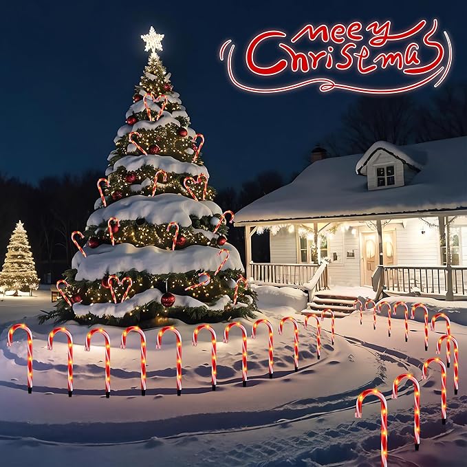 10" Christmas Candy Cane Lights - Set of 10 Pathway Markers Christmas Outdoor Yard Decorations, Xmas Candy Cane Stake Lights for Lawn, Walkway, Garden, Xmas Party Indoor Ornaments-VerdiqueGarden
