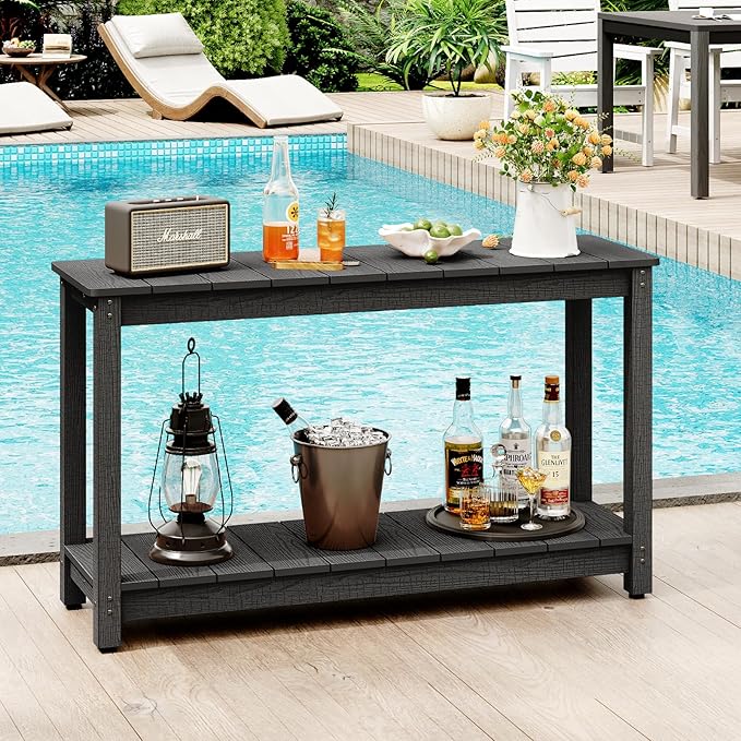 Outdoor Console Table, 48" Weather Resistant HIPS Patio Side Table, 440LBS Weight Capacity, 2-Tier Multifunctional Buffet Bar Storage Organizer for Garden Deck, Black-VerdiqueGarden