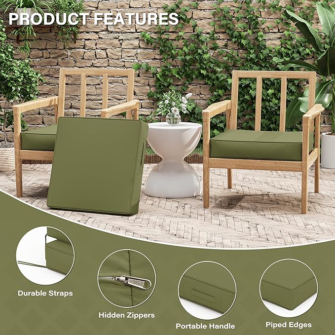 Patio Chair Cushions 22 X 22 X 4 Inch Waterproof Outdoor Seat Cushions for Patio Furniture, Outdoor Sofa Couch Pads with Ties & Handle, Set of 2, Light Green-VerdiqueGarden