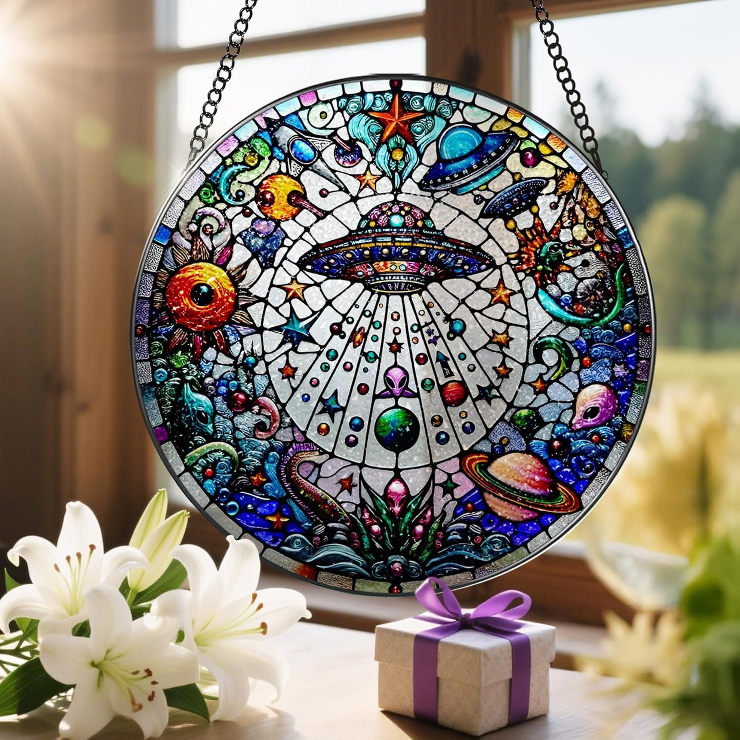 Stained Glass Window Hanging, LAOWEIKI 8'' UFO&Alien Suncatcher, Stained Glass Ornament, Suncatchers for Windows Hanging, Window Decor, Outdoor or Indoor, Gifts for Friends, Art Lover, Astronomer-VerdiqueGarden