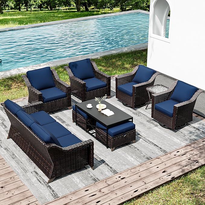 Joyside Wicker Patio Furniture Sets, 9 Pieces Upgraded Large Size Outdoor Furniture with Swivel Rocking Patio Chairs, Patio Dining Chair, 3-Seat Sofa, Outdoor Ottoman, Coffee Table, Thick Cushions-VerdiqueGarden