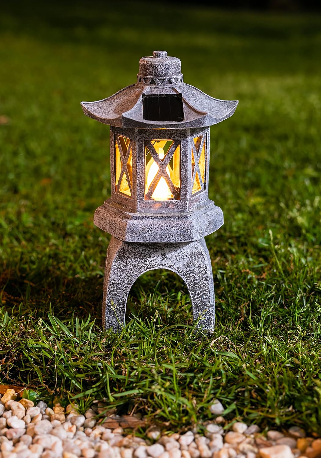 VP Home Solar-Powered Pagoda Garden Statues - Japanese Zen Lantern Outdoor Decor with Flickering LED Light - Durable Polyresin for Yard, Patio, or Garden - 12 x 7 x 6 Inches (Zen Garden Pagoda)-VerdiqueGarden