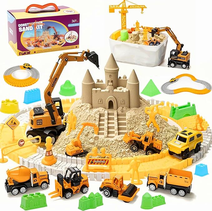Sand Construction Kit, 2.2lbs Play Sand with Sandbox, 1 Toy Mat 8 Alloy Construction Trucks Race Tracks 10 Sand Molds Sensory Bin Toys for Toddlers Boys Girls Ages 3-8-VerdiqueGarden