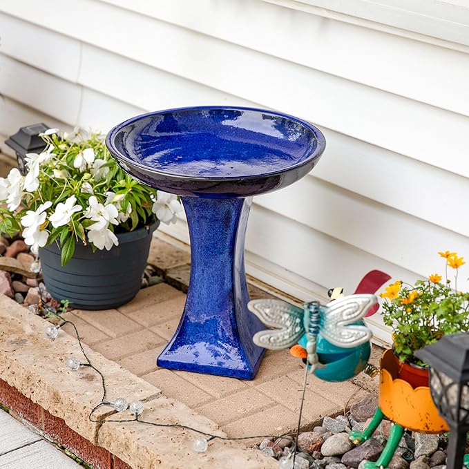 Sunnydaze Ceramic Bird Bath for Outside - 16" H - UV- and Frost-Resistant - Pedestal Bird Bath - Blue Glazed Bowl - Blue Glaze Finish-VerdiqueGarden