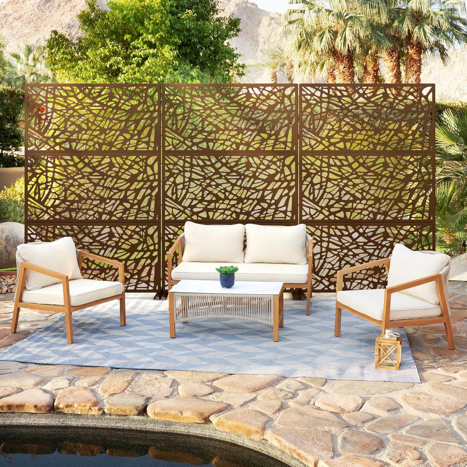 Metal Privacy Screen Outdoor 72" H×47" W,Freestanding Decorative Privacy Screen for Balcony Yard&Garden,Privacy Fence-Brown&Net-VerdiqueGarden