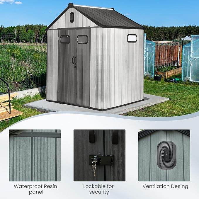 Domi 6x6 FT Outdoor Resin Storage Shed, All-Weather Double-Wall Storage Building for Backyard, Garden, Lawn Tools, Mower, Bike & Pool Equipment, Lockable Doors, Ventilated Roof, Grey-VerdiqueGarden