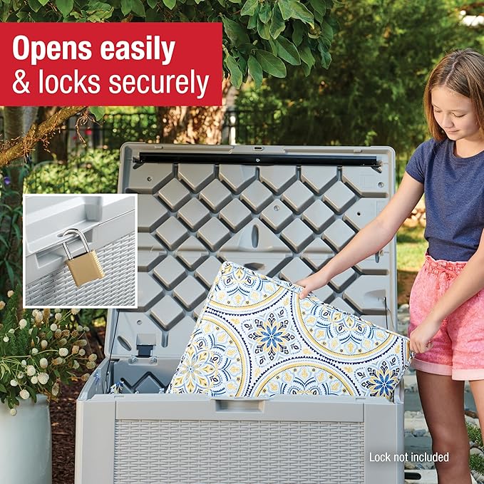 Rubbermaid Medium Resin Outdoor Storage Deck Box (74 Gal) Weather Resistant Gray Deck Organization for Home/Backyard/Pool Chemicals/Toys/Garden Tools/Porch/Patio Cushions-VerdiqueGarden