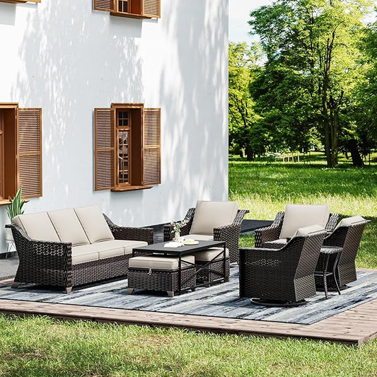 Joyside Wicker Patio Furniture Sets, 9 Pieces Upgraded Large Size Outdoor Furniture with Swivel Rocking Patio Chairs, Patio Dining Chair, 3-Seat Sofa, Outdoor Ottoman, Coffee Table, Thick Cushions-VerdiqueGarden