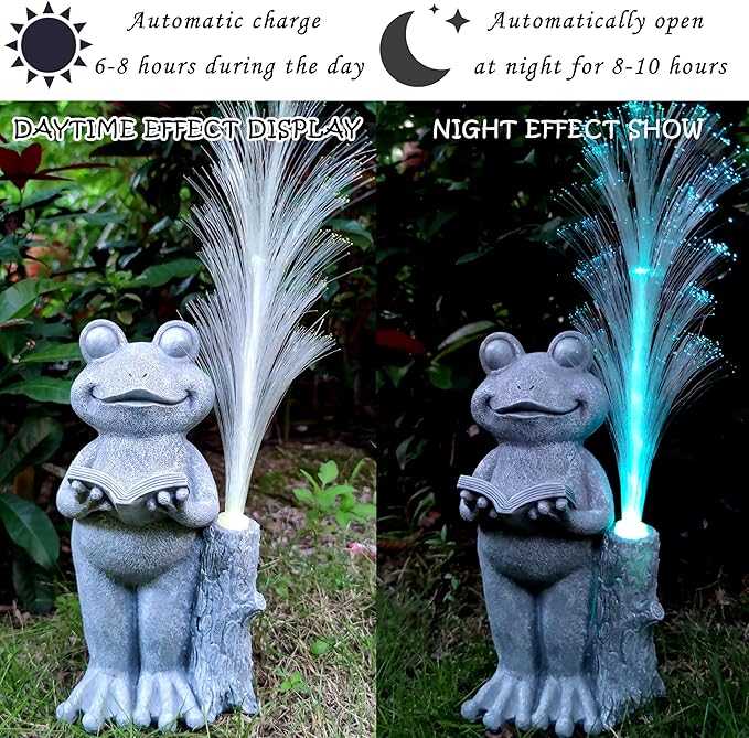 Frog Statue Solar Garden Decor,Resin Frog Statues and Colour Changing Optical Fiber Solar Lights,Outdoor Decoration for Balcony, Garden, Patio, Yard, Lawn,Gifts for Mom Grandma-VerdiqueGarden