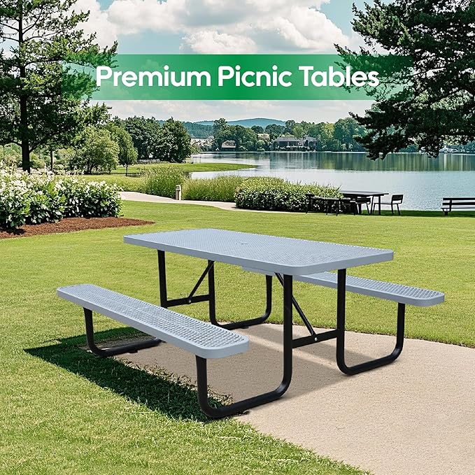 4FT Metal Picnic Tables for Outdoors, Commercial Rectangular Picnic Table and Bench Set for Outside, Patio, Garden, Backyard, Porch, Surface Mount, Grey-VerdiqueGarden